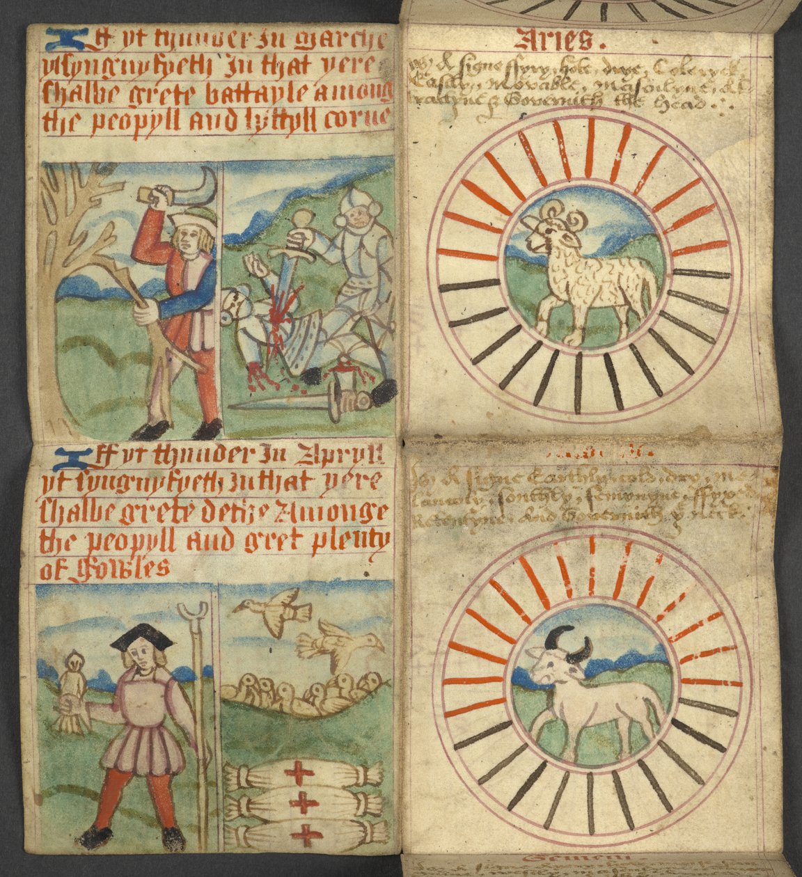 Aries & Taurus, from Almanac, containing table of dominical letters and golden numbers; directions to find the movable feasts; calendar of Saints, epochs, list of English Sovereigns, prognostications of weather, influence of the signs of the zodiac by English School