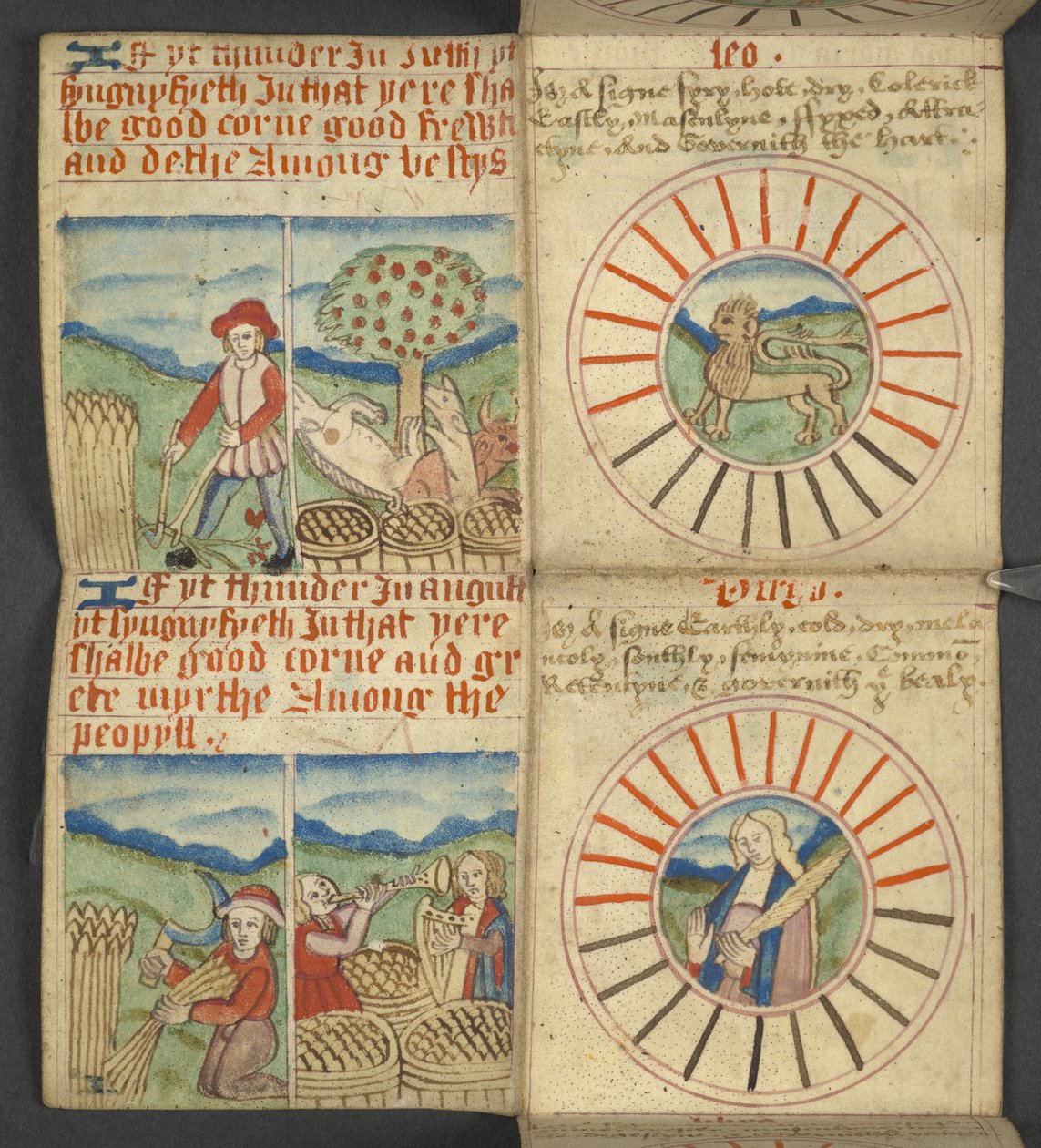 Leo & Virgo, from Almanac, containing table of dominical letters and golden numbers; directions to find the movable feasts; calendar of Saints, epochs, list of English Sovereigns, prognostications of weather, influence of the signs of the zodiac by English School