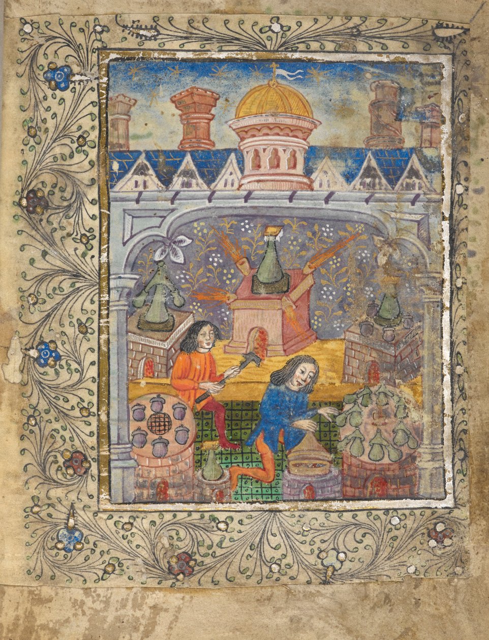 Seven furnaces with stills, tended by two men, beneath a roof with a cupola and chimneys, c.1477 by English School