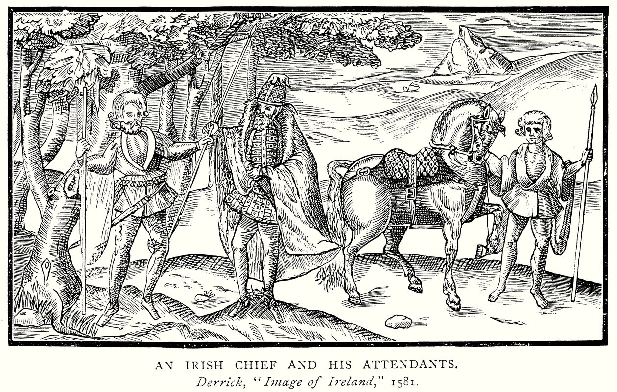 An Irish Chief and His Attendants (engraving) by English School