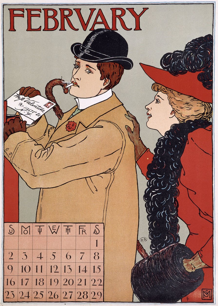An Elegant Couple (Man Posts a Letter), English Calendar Image, Month of February, Late 19th Century by English School