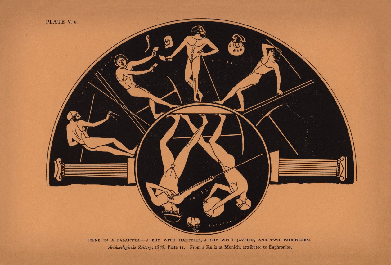 Ancient Greek Education: Scene in a Palaistra, a Boy with Halteres, a Boy with Javelin, and Two Paidotribai by English School