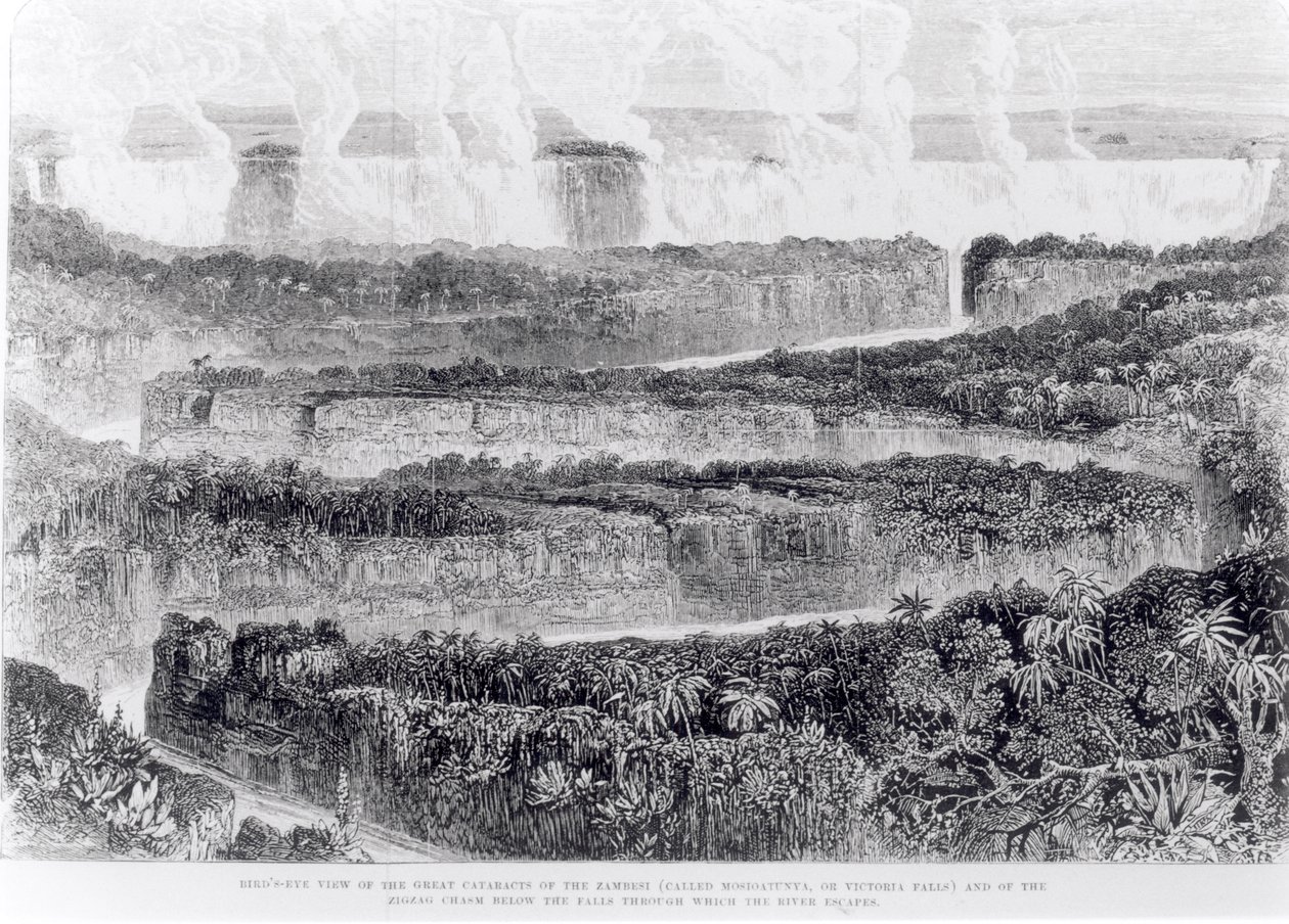 Birds-eye View of the Great Cataracts of the Zambesi (Victoria Falls) from Narrative of an Exhibition to the Zambesi and its Tributaries, published 1865 by English School