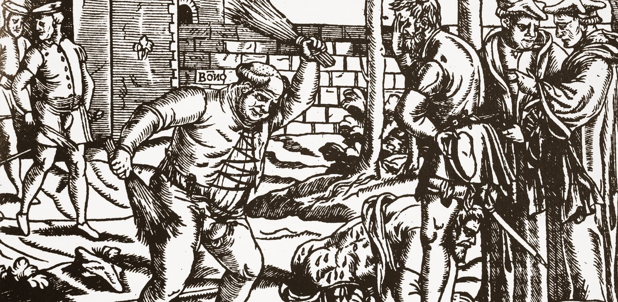 Bishop Bonner beating his prisoner, John Willes, in the orchard of his palace at Fulham by English School