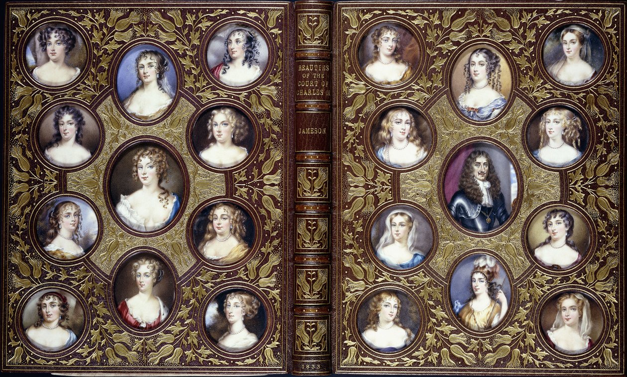 Book cover with twenty-two portrait miniatures of Charles II and the beautiful women of his court, 1833 by English School