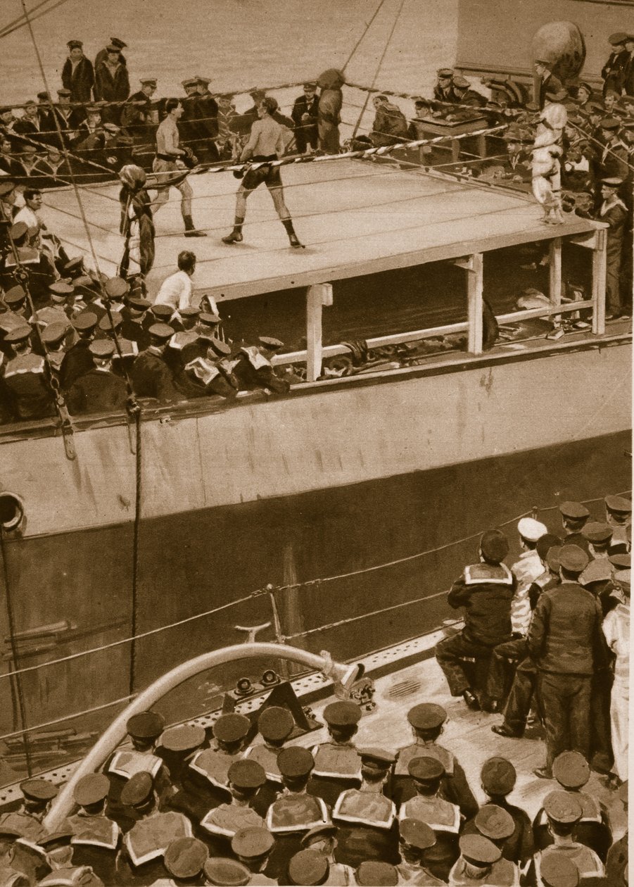 Boxing competition aboard a warship, with the crew of a second ship as additional spectators by English School