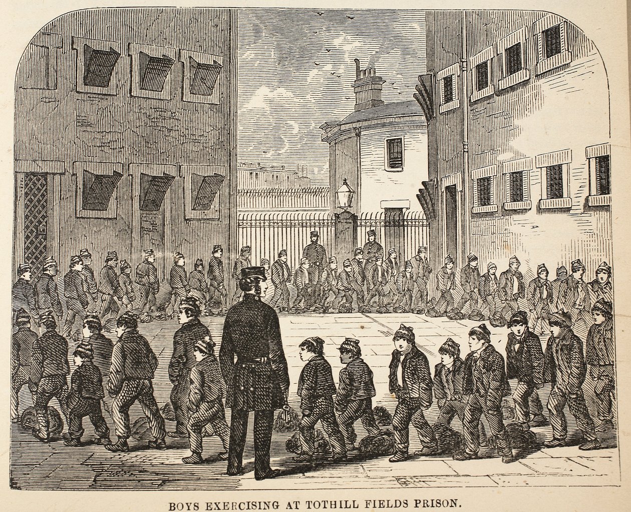Boys exercising at Tothill Fields Prison, illustration from The Criminal Prisons of London and Scenes from Prison Life by Henry Mayhew and John Binny, pub. 1862 by English School