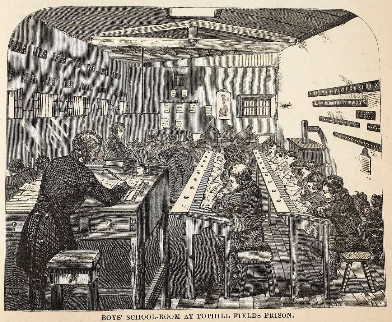 Boys school-room at Tothill Fields Prison, illustration from The Criminal Prisons of London and Scenes from Prison Life by Henry Mayhew and John Binny, pub. 1862 by English School