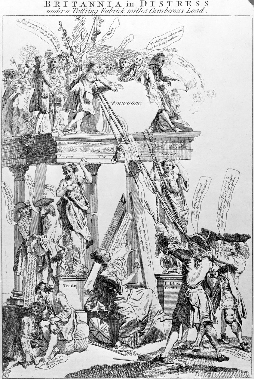 Britannia in Distress Under a Tottering Fabric with a Cumbersome Load, circa 1756 by English School