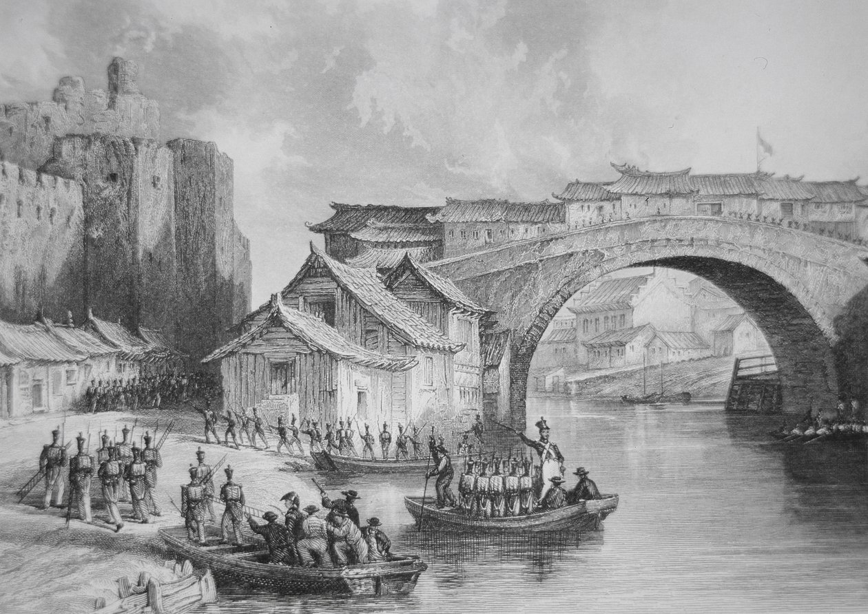 British troops land at the West Gate of Ching Keang during the Opium Wars, illustration after an eyewitness sketch by Captain Stoddard by English School