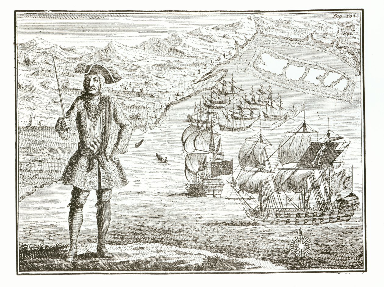 Captain Bartholomew Roberts with two ships, the Royal Fortune and Ranger takes sail in Whydah Road on the coast of Guiney, January 11th 172?, from A General History of the Robberies and Murders of the most Notorious Pyrates by English School