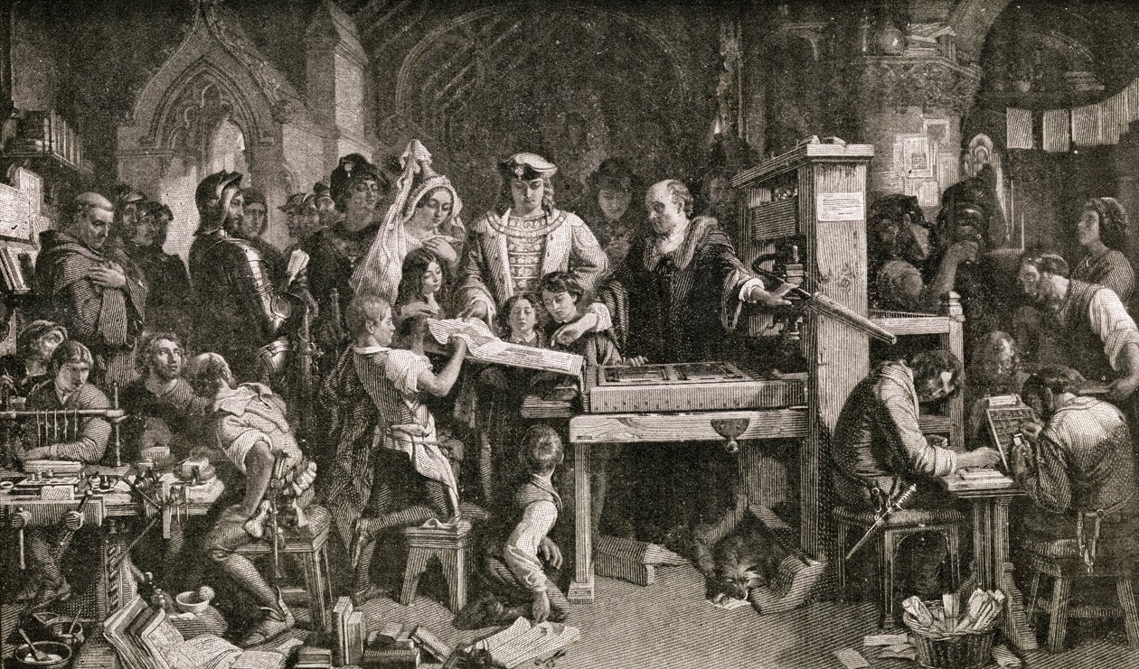 Caxton showing specimens of his printing to King Edward IV at the Almonry in Westminster, 1858 by English School