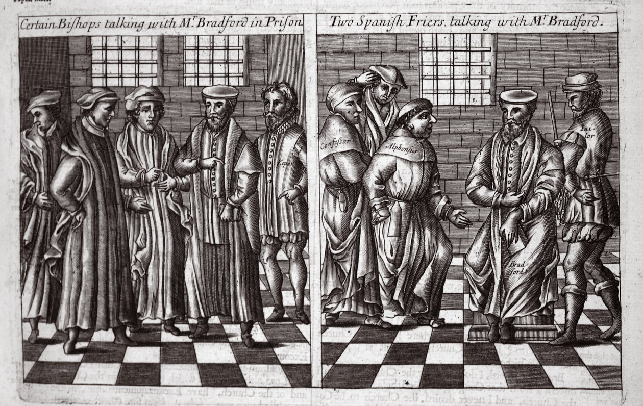 Certain Bishops talking with Mr. Bradford in prison, and Two Spanish Friars talking with Mr. Bradford, illustration from Acts and Monuments by John Foxe, ninth edition, published 1684 by English School