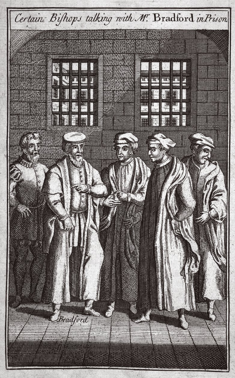 Certain Bishops talking with Mr. Bradford in prison, illustration from Foxe