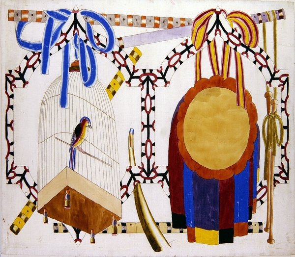 Chinoiserie Design with Bird Cage and Musical Instruments