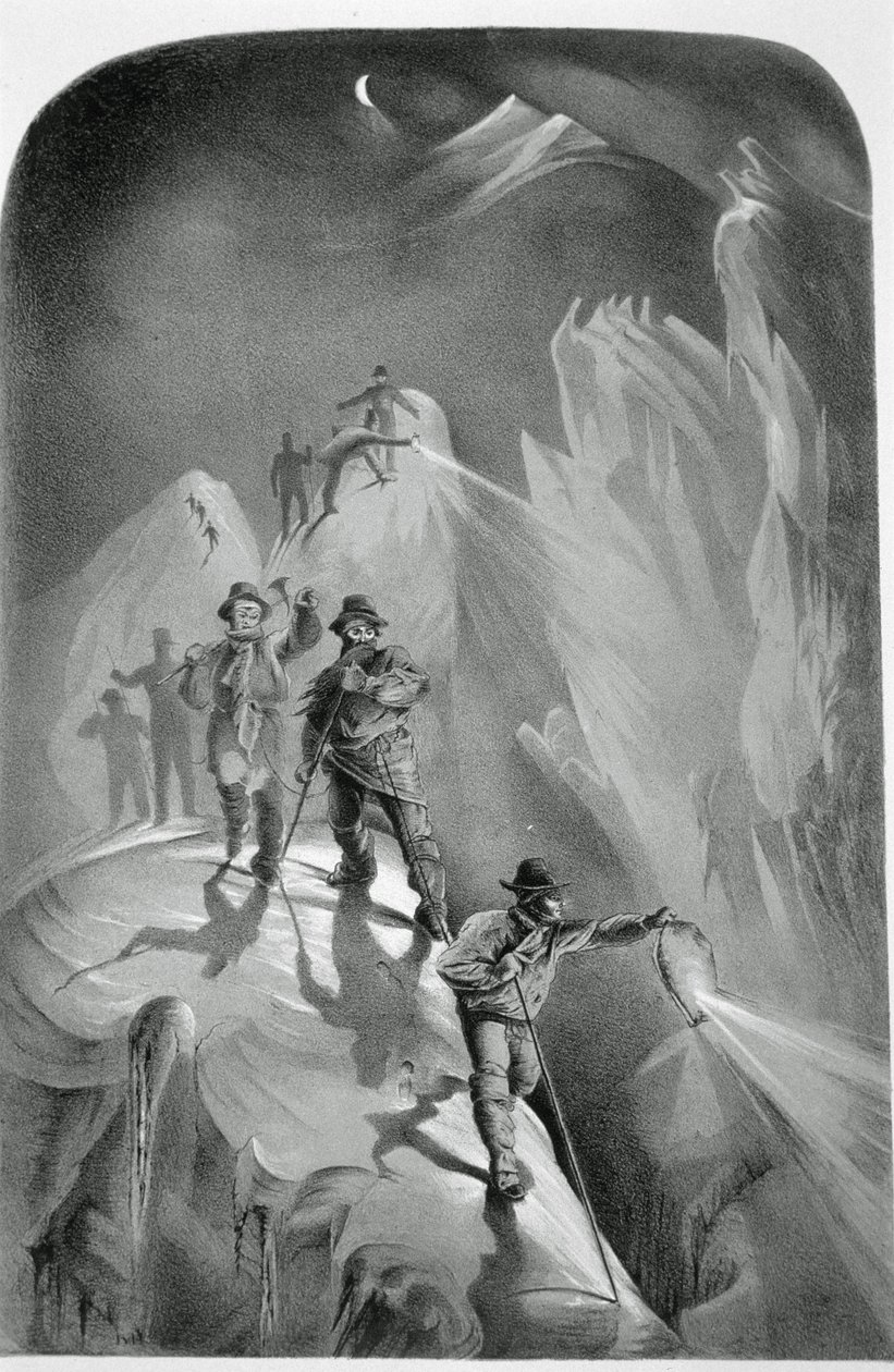 Climbing at Night, from Ten Scenes in the Last Ascent of Mont Blanc Including Five Views from the Summit, by J.D.H. Browne, published 1853 by English School