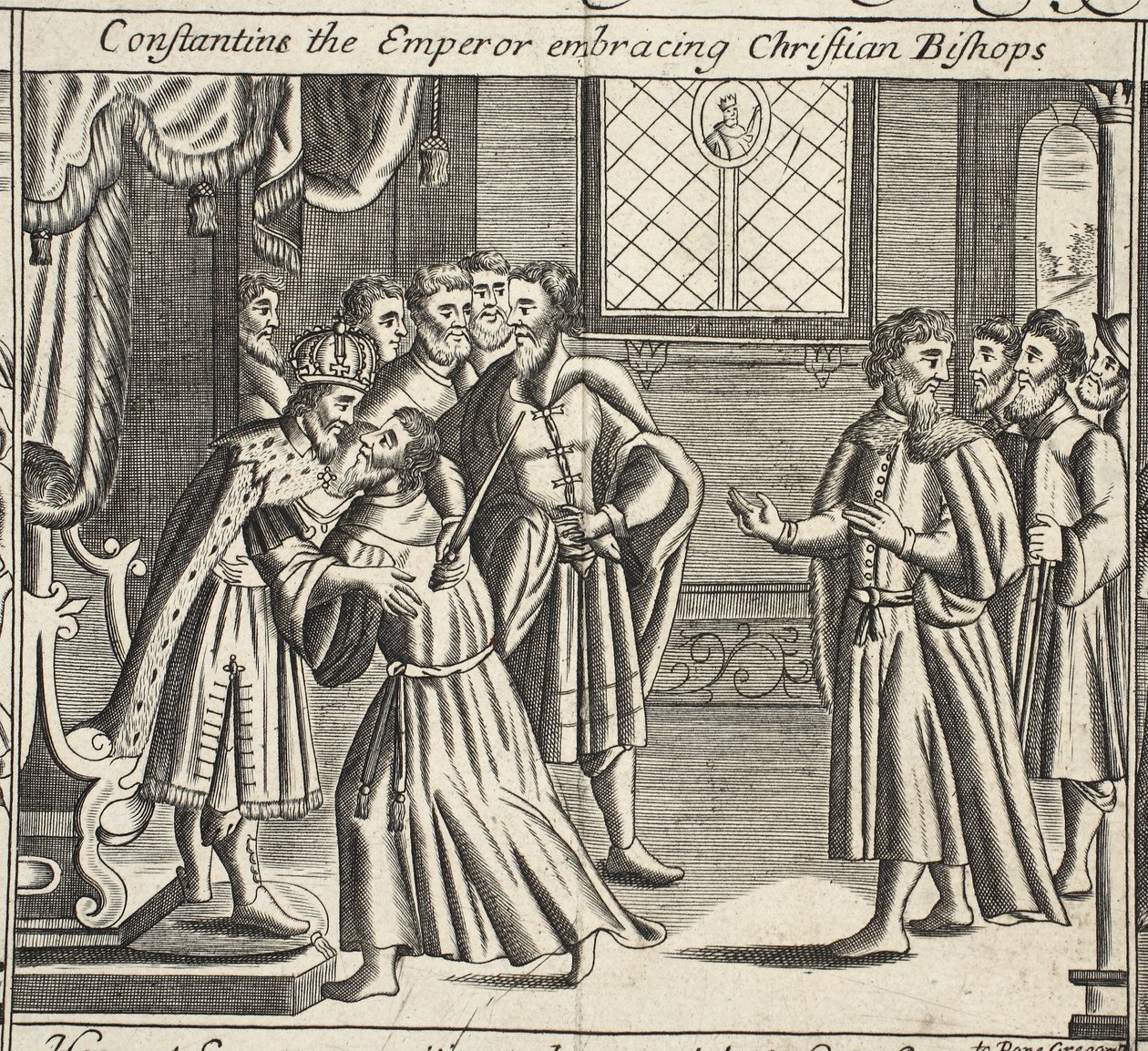 Constantine the Emperor embracing Christian Bishops, illustration from Acts and Monuments by John Foxe, ninth edition, published 1684 by English School