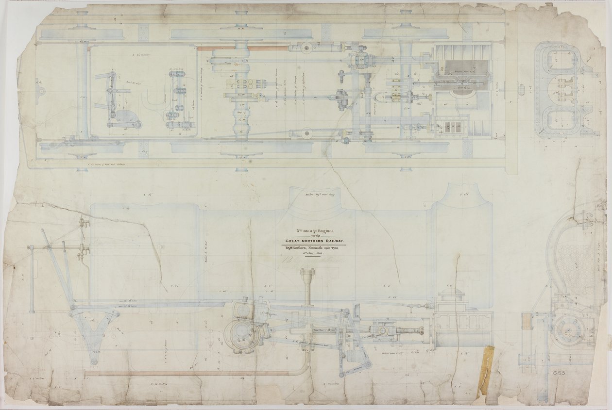 Construction drawing for the 2-2-2 locomotive by R. & W. Hawthorn & Co. for the Great Northern Railway Co. by English School