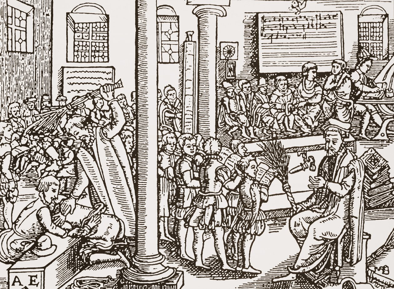 Contemporary woodcut of a Tudor grammar school by English School