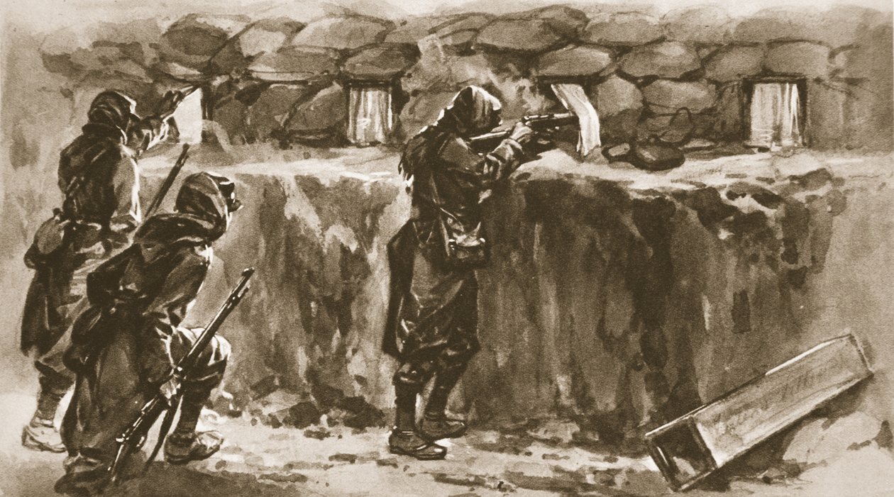 Cottage window-curtains as Trench loop-hole screens: A French expedient to baffle the Enemy sharpshooter, from The Illustrated War News, 1915 by English School