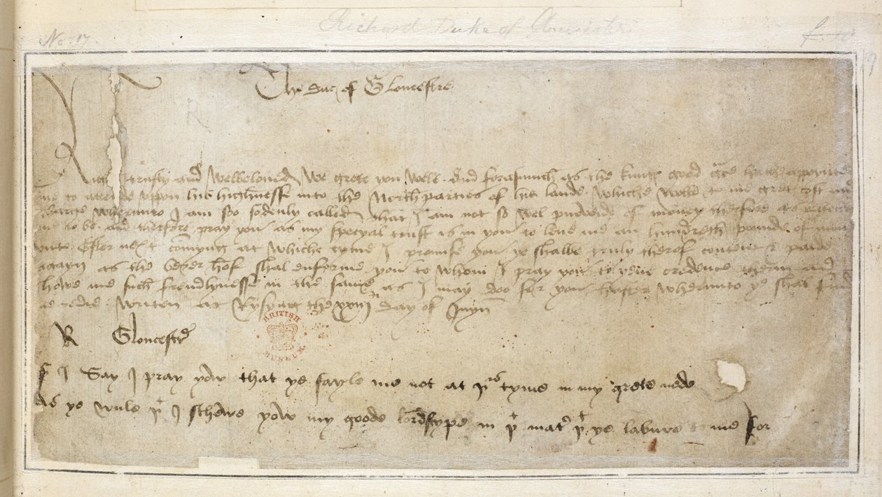 Richard’s first surviving letter to Sir John Say by English School