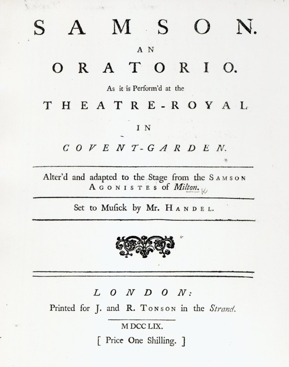 Cover of Sheet Music for Samson, an Oratorio by Handel, published in 1759 by English School