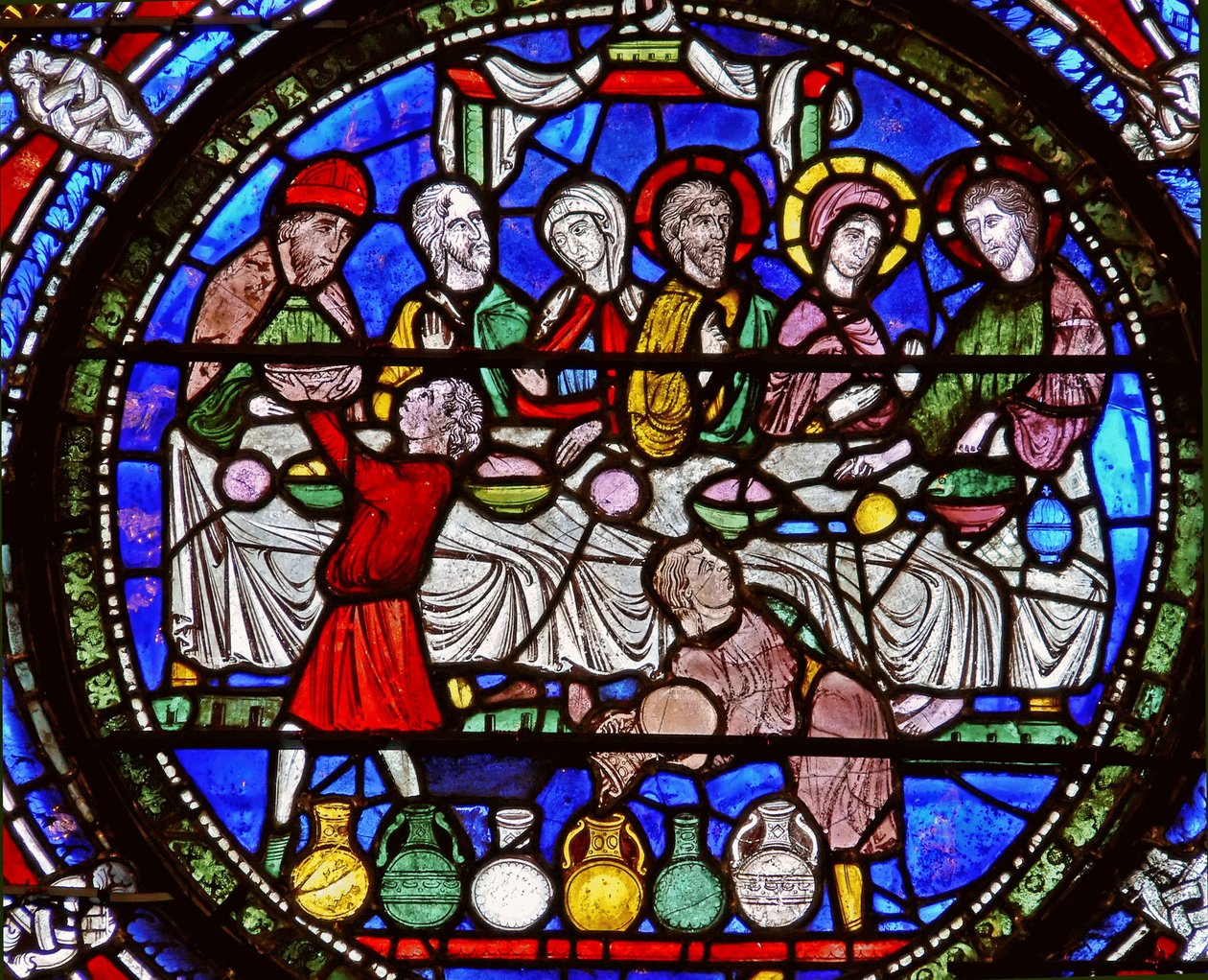 Detail from one of the Bible Windows depicting the Cana wedding feast by English School