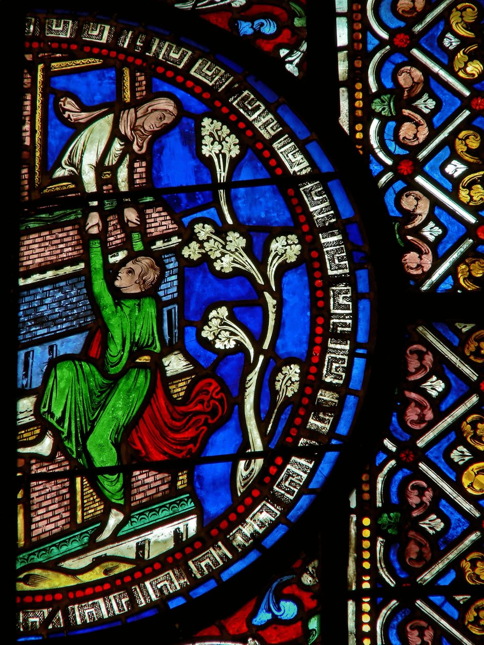 East window of the Trinity Chapel depicting David escaping the city (detail) by English School