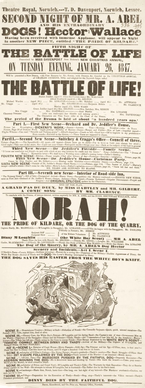 Dickens playbill: The Battle of Life, at Theatre Royal, Norwich, 26th January 1847 by English School
