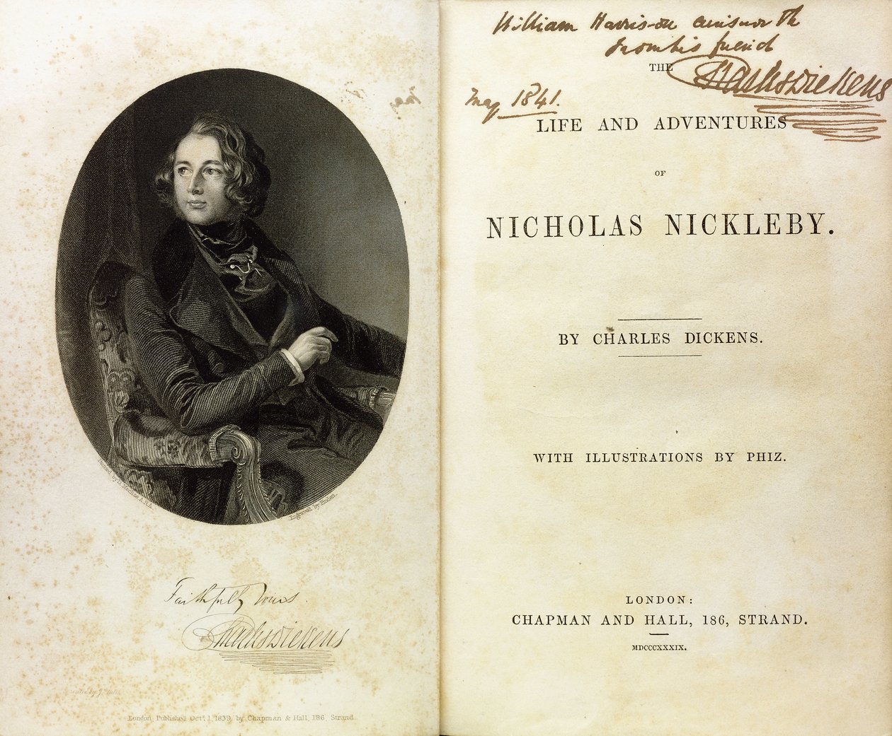 Double Page Spread with a Portrait of Dickens, and a Dedication by Dickens to William Harrison Ainsworth by English School