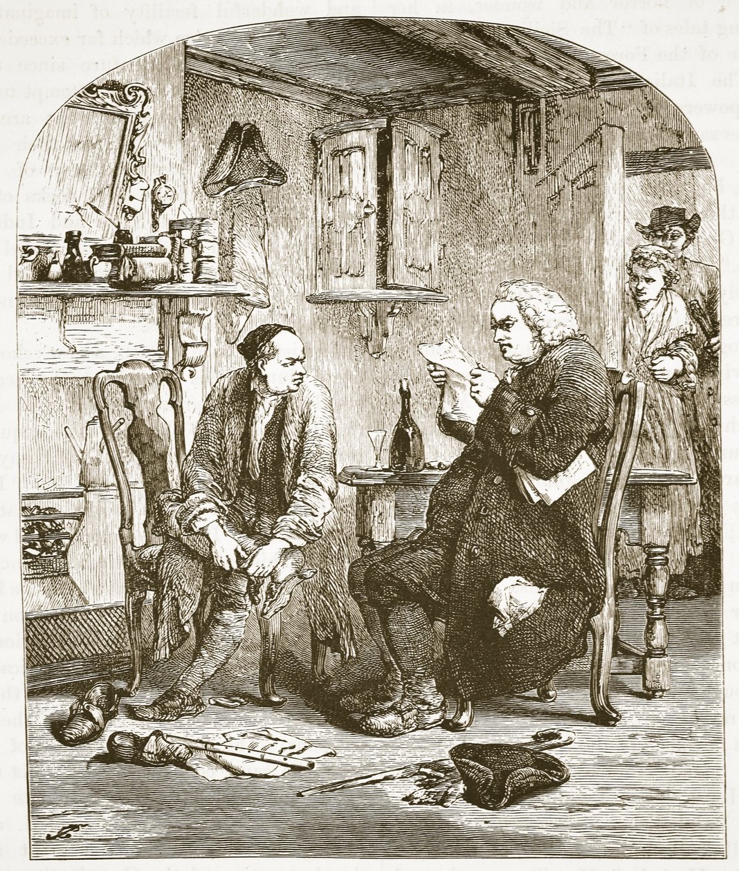Dr. Johnson reading the manuscript of the Vicar of Wakefield, illustration from Cassell
