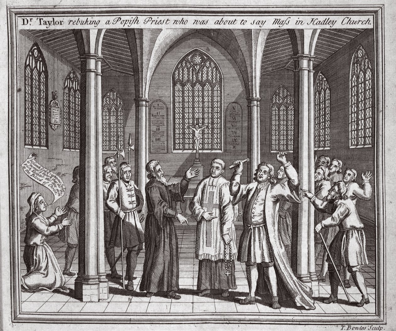 Dr. Taylor rebuking a Popish priest who was about to say mass in Hadley Church, illustration from Foxe