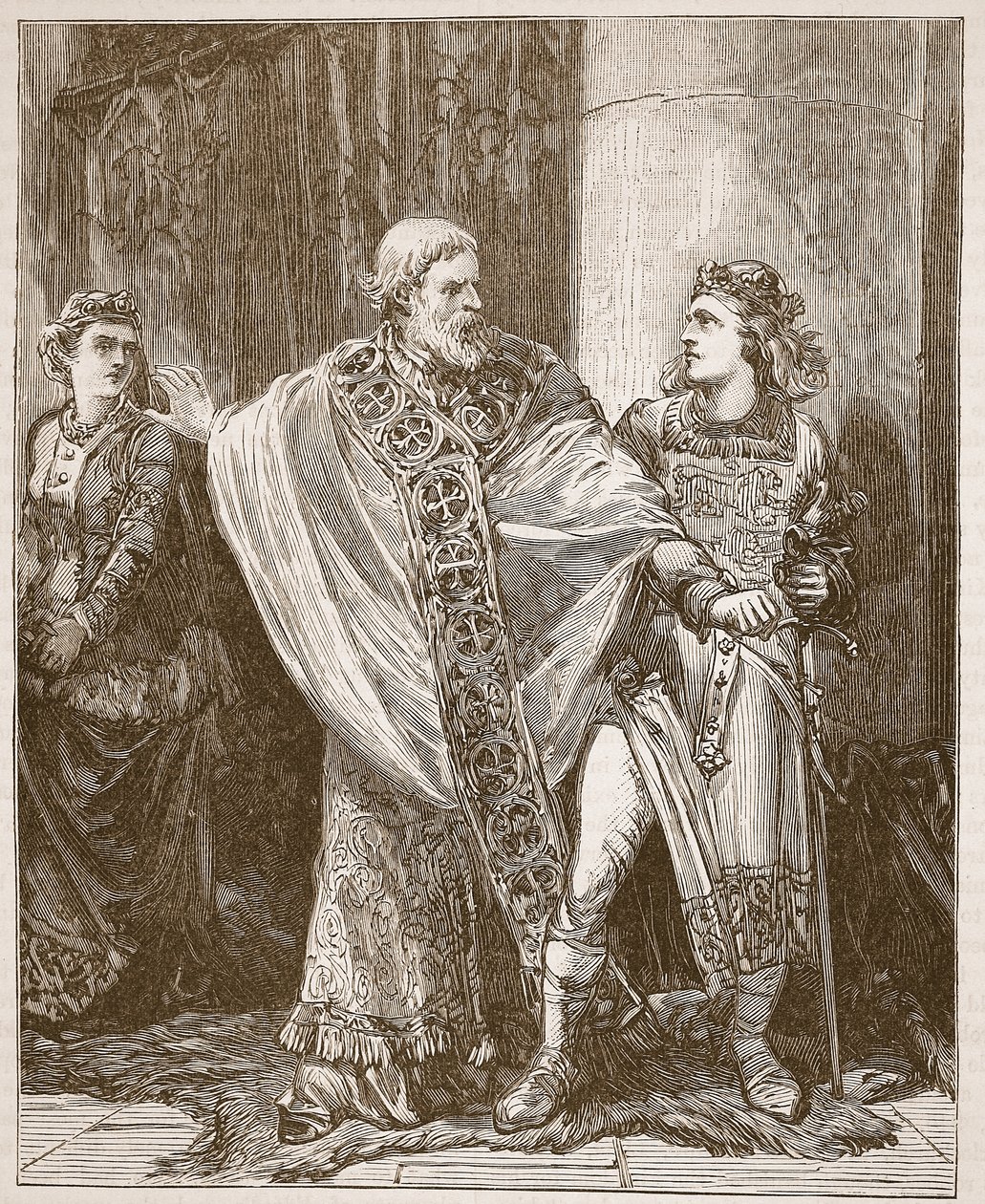 Dunstan dragging Edwy from the presence of Elgiva (Illustration from Cassell