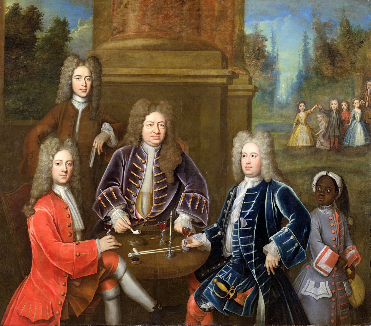 Elihu Yale, the Second Duke of Devonshire, Lord James Cavendish, Mr Tunstal and a Page by English School