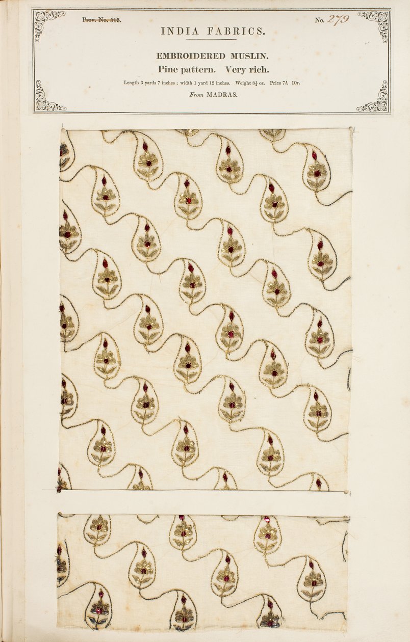 Embroidered muslin sample from Madras, from The Collection of the Textile Manufacturers of India, by John Forbes Watson, published in 1866 by English School