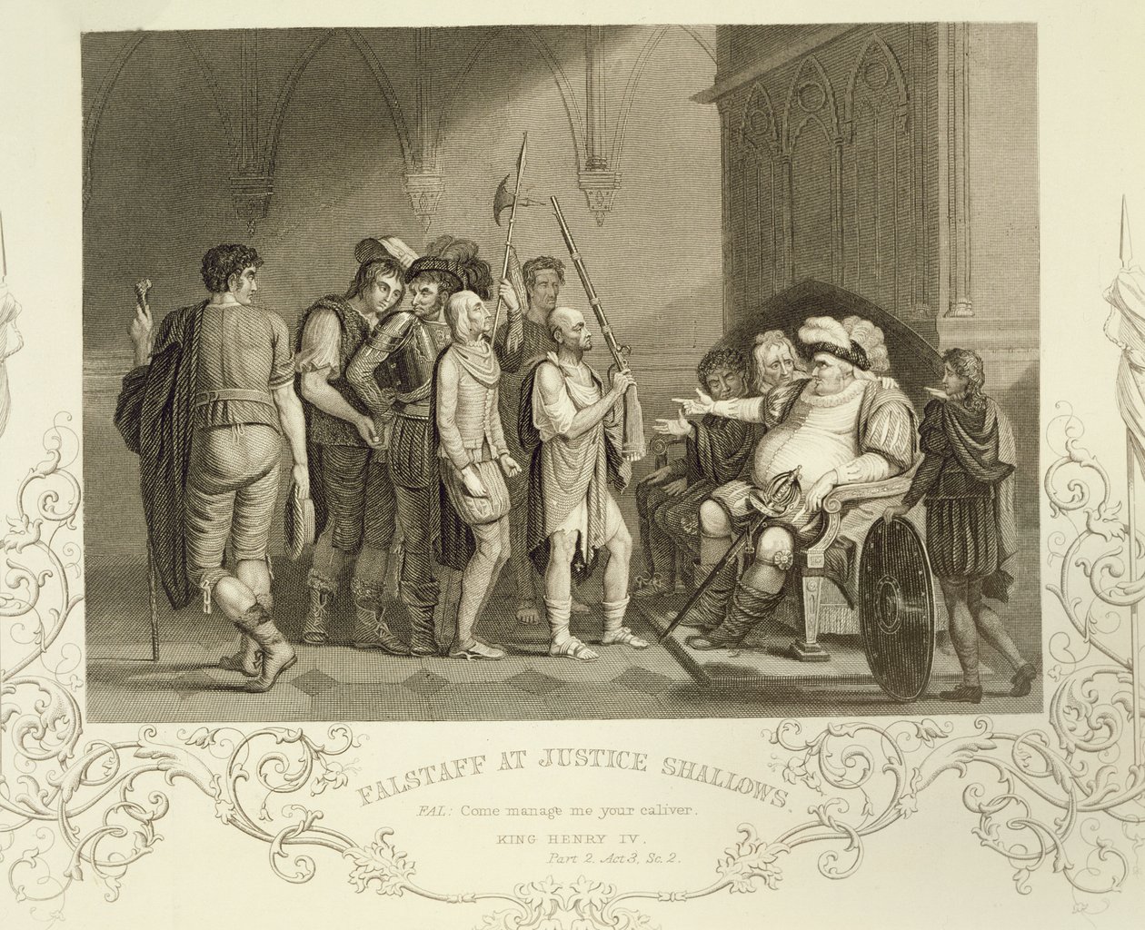 Falstaff at Justice Shallows, in Henry IV (Part 2) Act III Scene 2, by William Shakespeare by English School