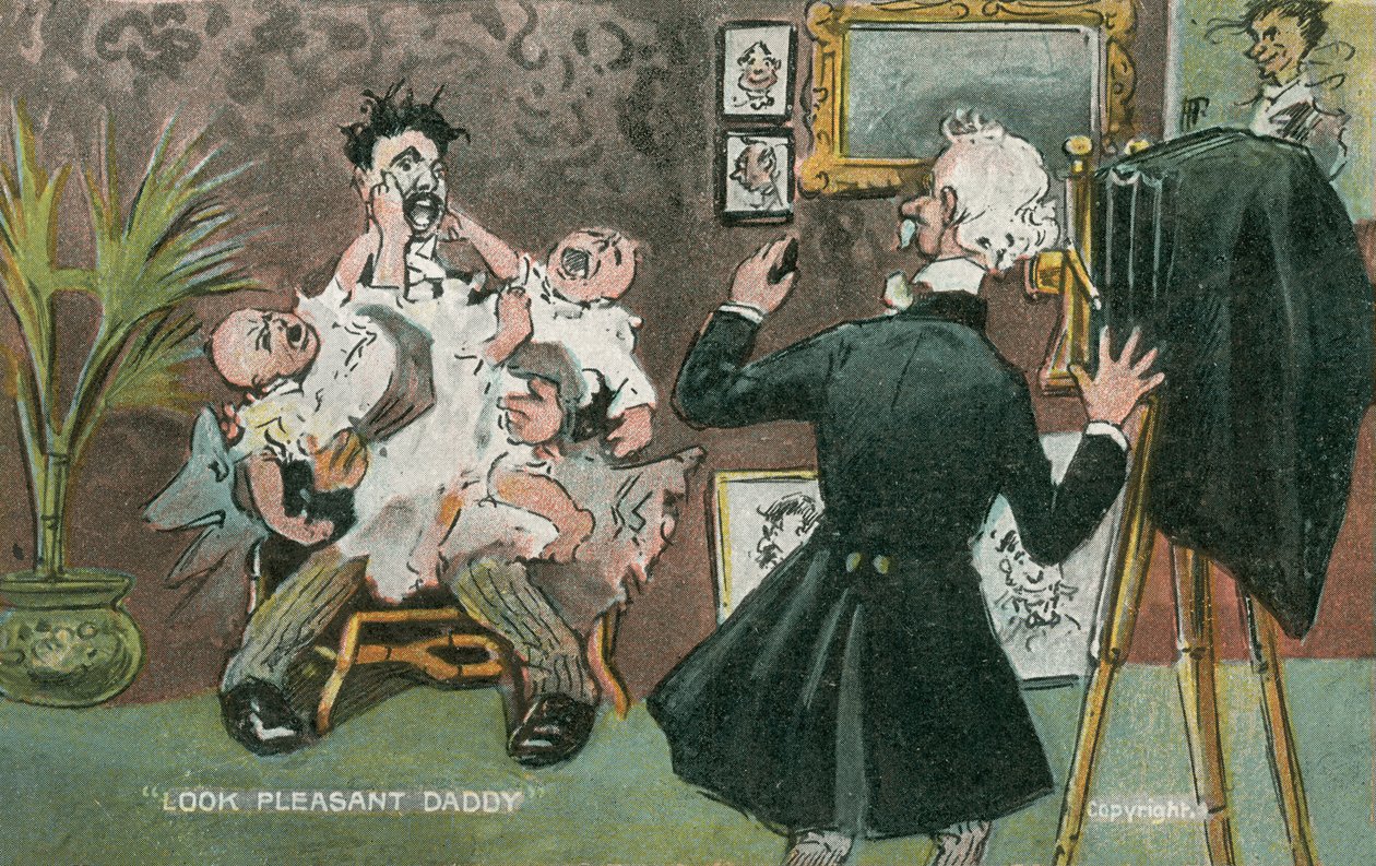 Father Posing for a Photograph with Two Screaming Babies on His Lap by English School