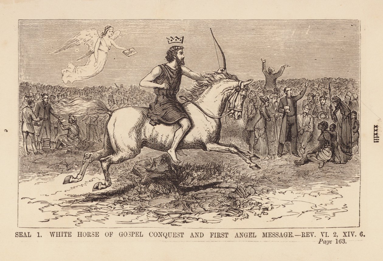 First Seal, White Horse of Gospel Conquest and First Angel Message (engraving) by English School