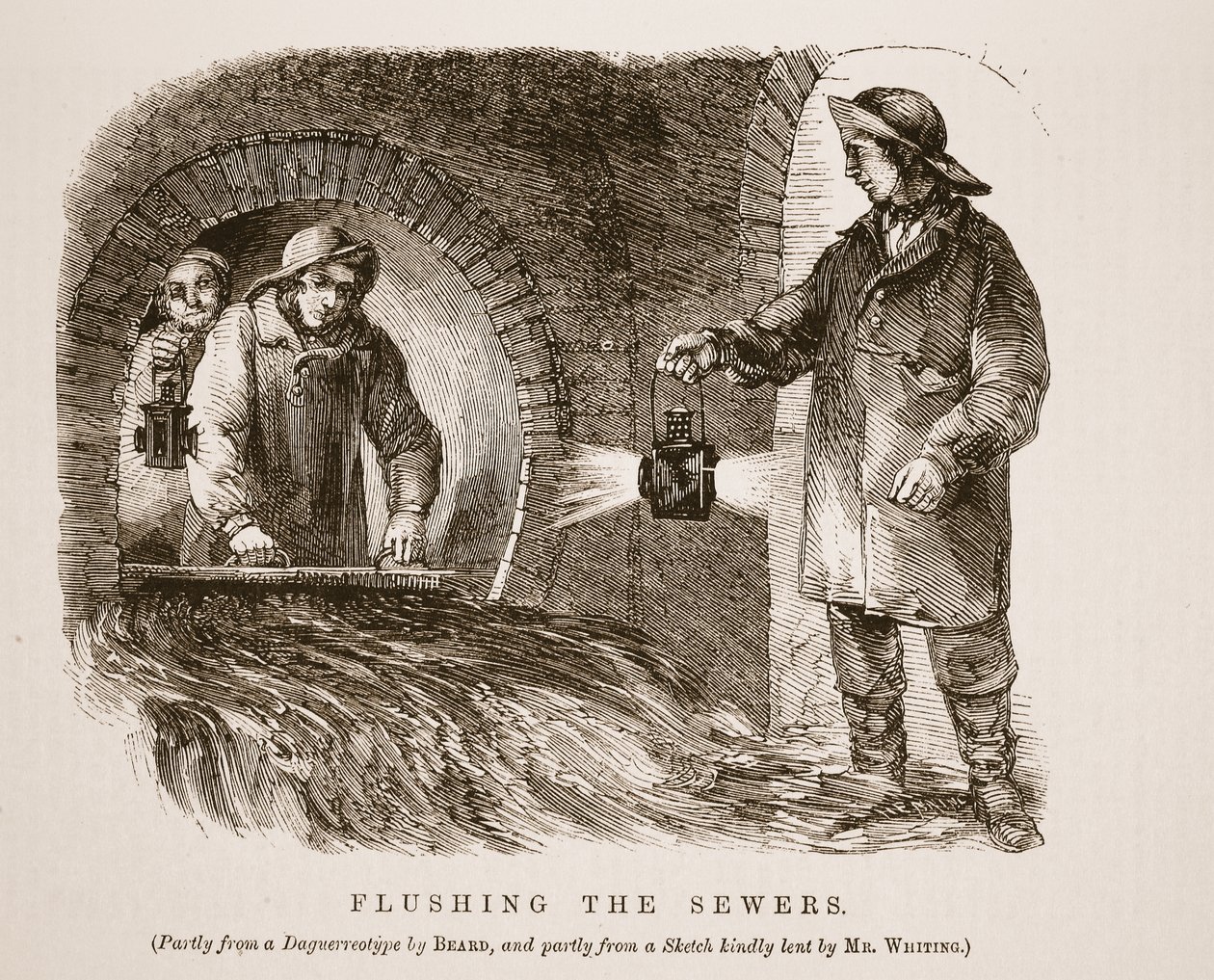 Flushing the sewers, partly from the daguerreotype by Richard Beard and partly from a sketch kindly lent by Mr. Whiting, illustration from London Labour and London Poor by Henry Mayhew, pub. 1862 by English School