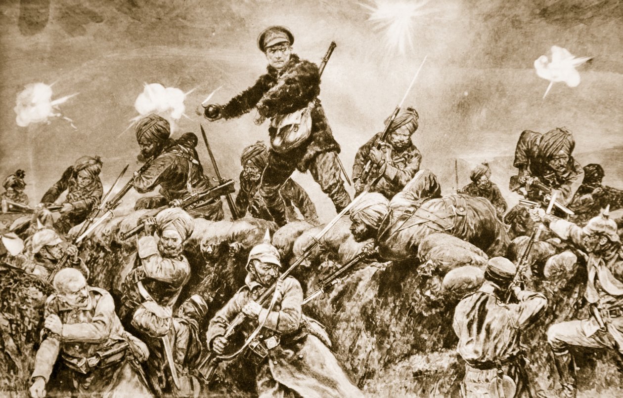 For the Glory of the Raj: Indian Troops Charging the German Trenches at Neuve Chapelle, March, 1915, 1914-19 by English School