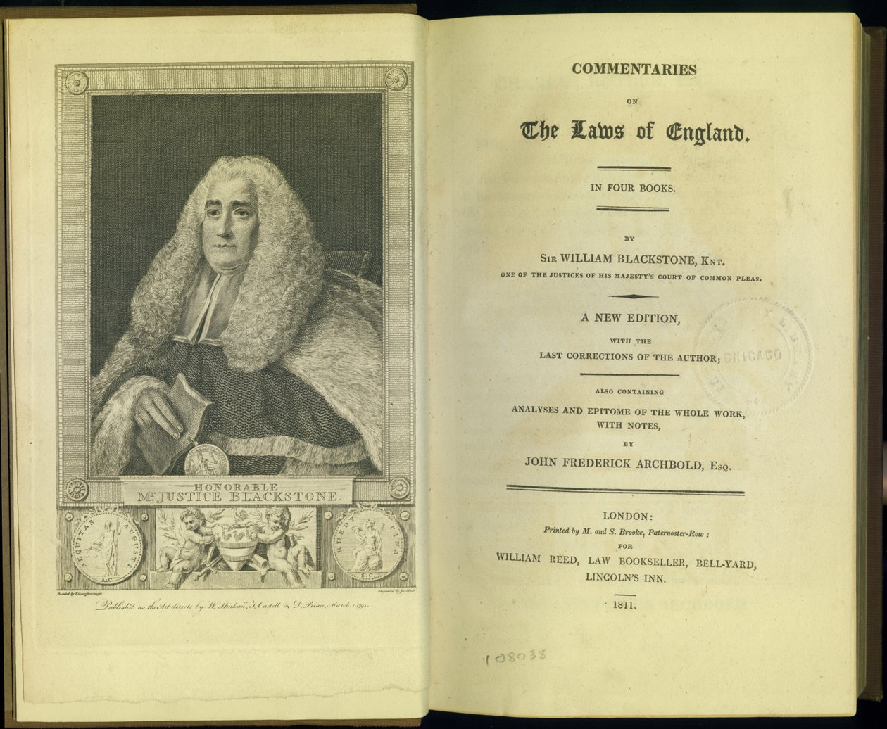 Frontispiece and title page from Commentaries on the Laws of England in Four Books, by Sir William Blackstone, Knt., published by M. and S. Brooke, London, 1811 by English School