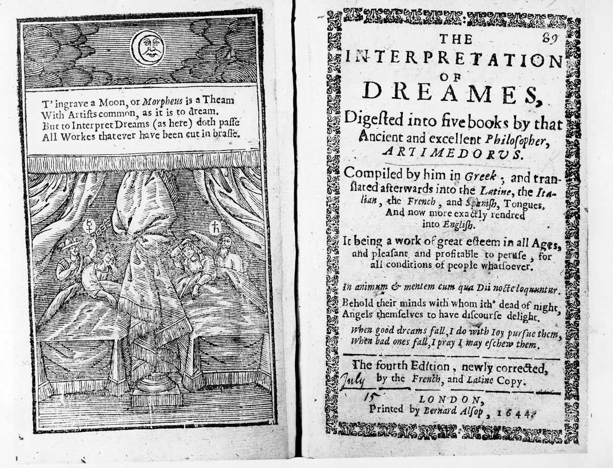 Frontispiece and Title Page to The Interpretation of Dreams by Artemidorus, English Edition Published in 1644 by English School