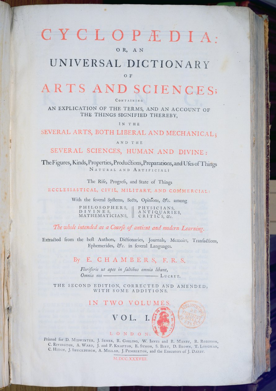 Frontispiece of Encyclopaedia: An Universal Dictionary of Arts and Sciences, Vol. I, by Ephraim Chambers, London, 1738 by English School