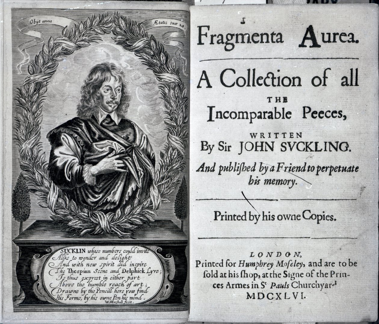 Frontispiece of Fragmenta Aurea, A Collection of all the Incomparable Peeces written by Sir John Suckling, published in 1646 by English School