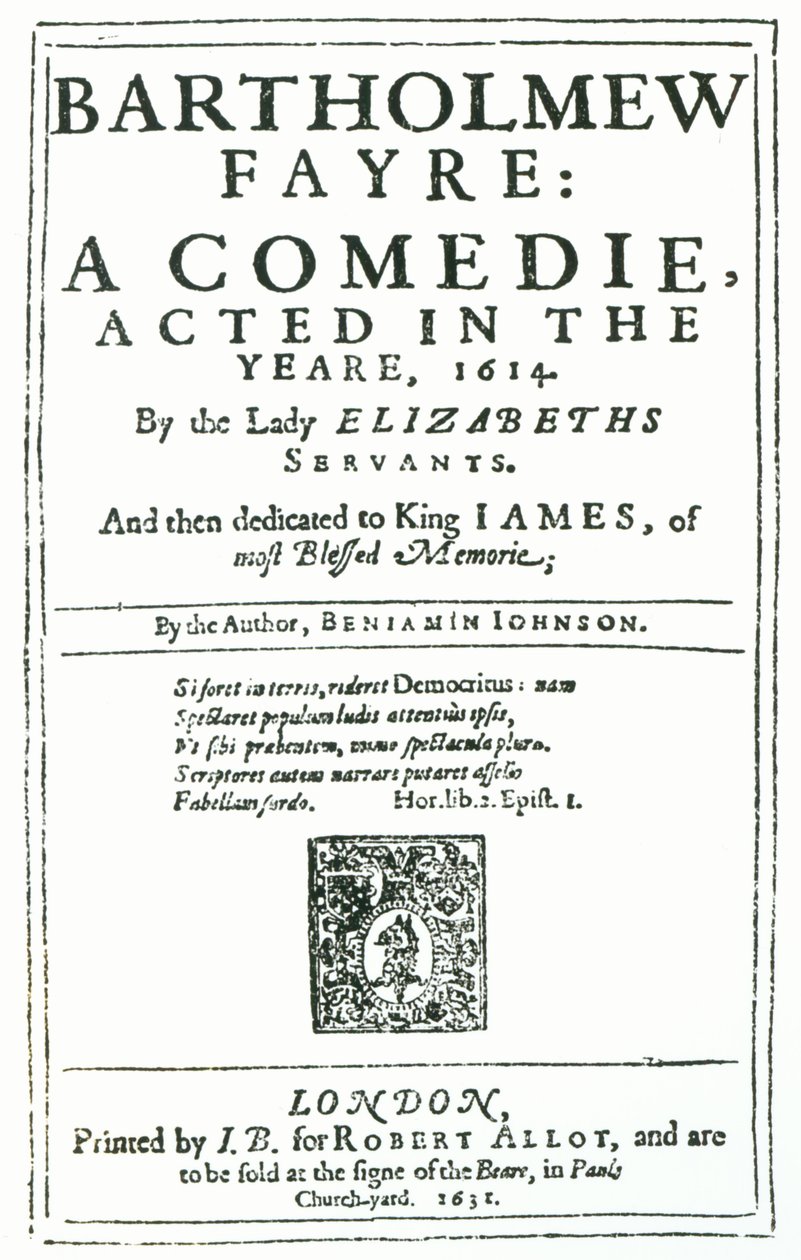 Frontispiece to Bartholomew Fayre: A Comedie by Benjamin Jonson, 1631 by English School