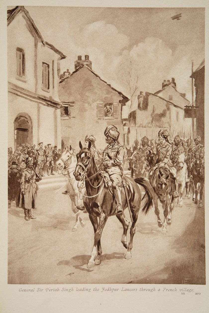 General Sir Pertab Singh Leading the Jodhpur Lancers through a French Village, 1914-19 by English School