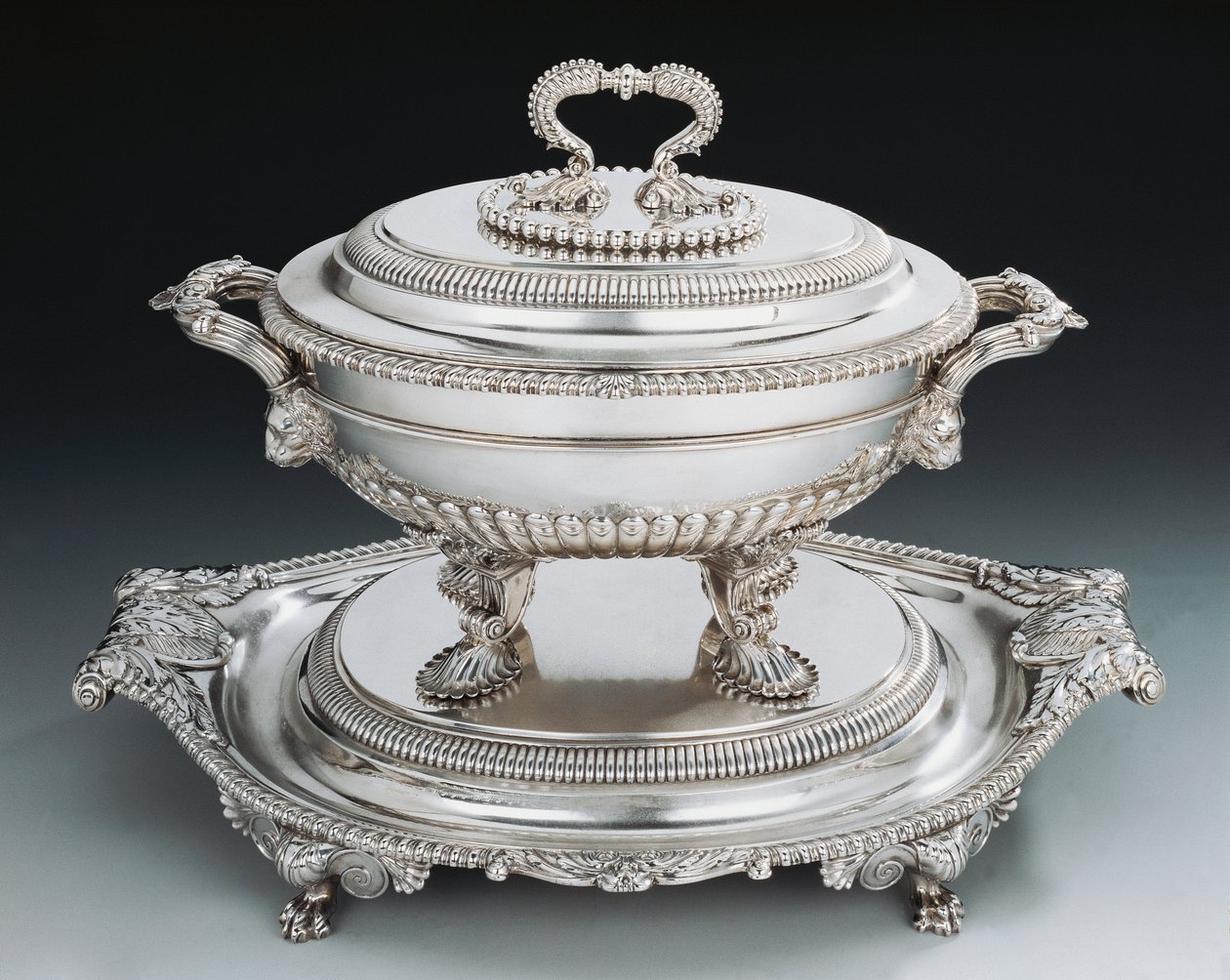 George III-style silver tureen with tray by English School