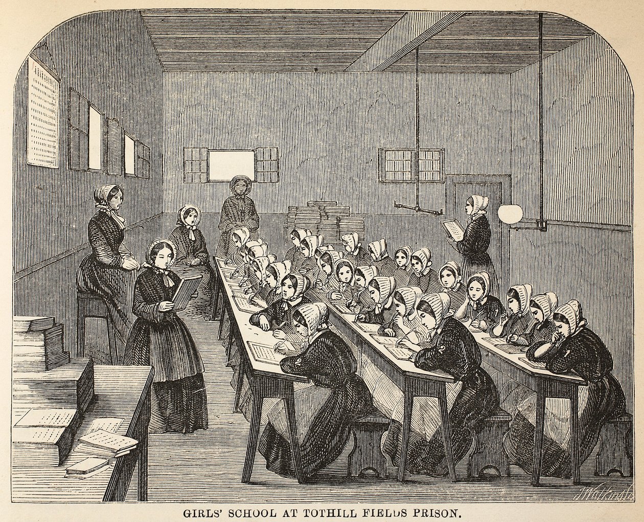 Girls school at Tothill Fields Prison, illustration from The Criminal Prisons of London and Scenes from Prison Life by Henry Mayhew and John Binny, pub. 1862 by English School
