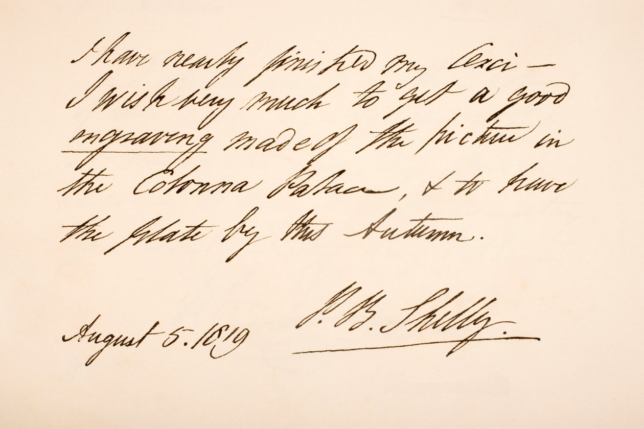 Handwriting and signature of Percy Bysshe Shelley, 1819 by English School