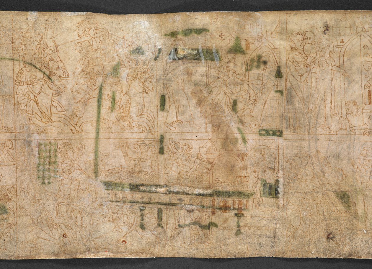 Harley Roll Y 6, Roundel 16v, On the verso of Roundels 14-18 are a series of 14th-century drawings, in two registers, with scenes from the book of I Samuel, chapters 1-4, from the 